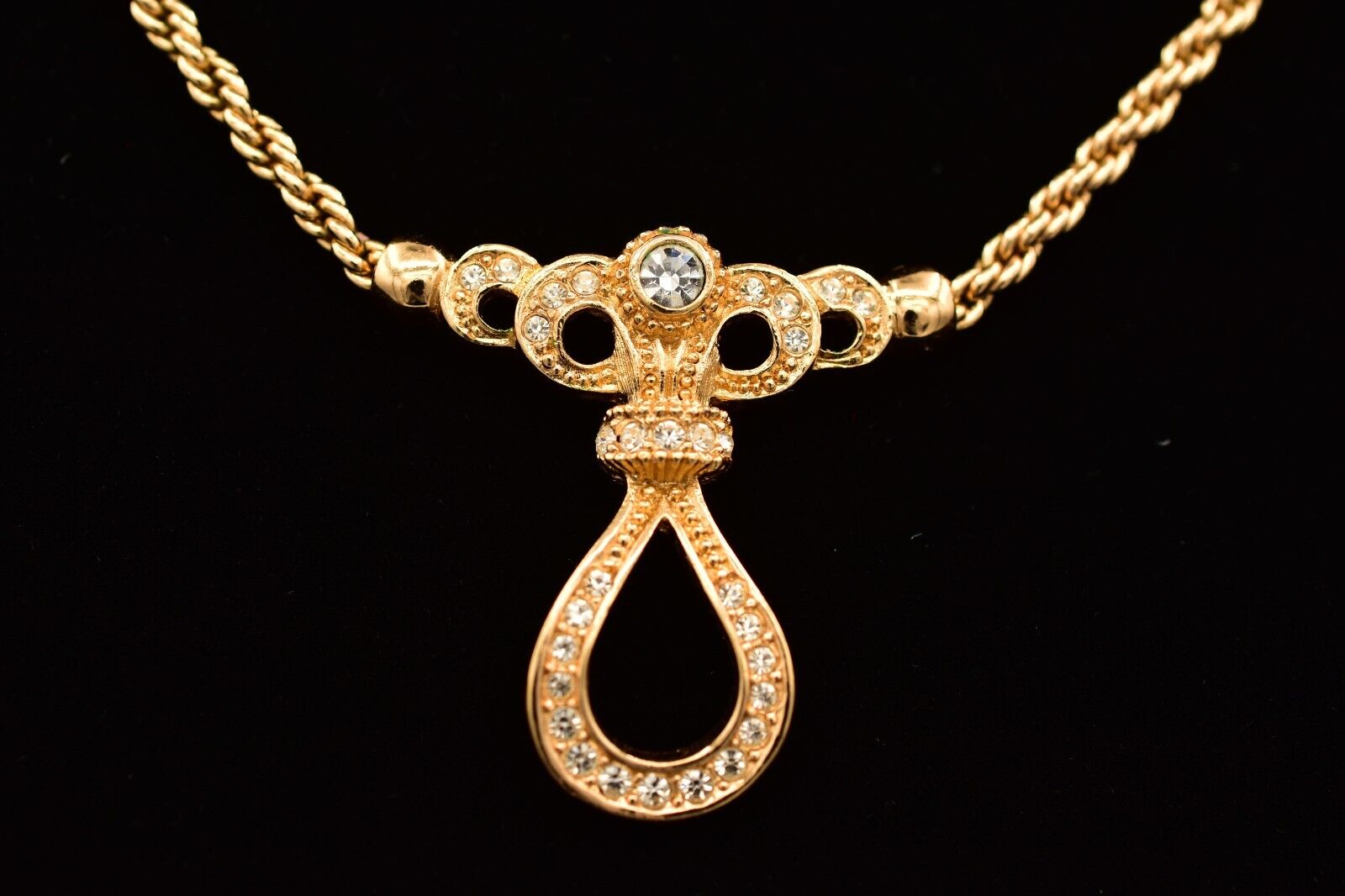 Christian Dior Vintage Crystal Bow Collar Necklace Gold Rhinestone Signed Binbe